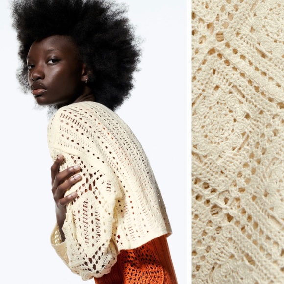 Zara Ecru Crocheted Knit Cropped Sweater - Picture 8 of 12